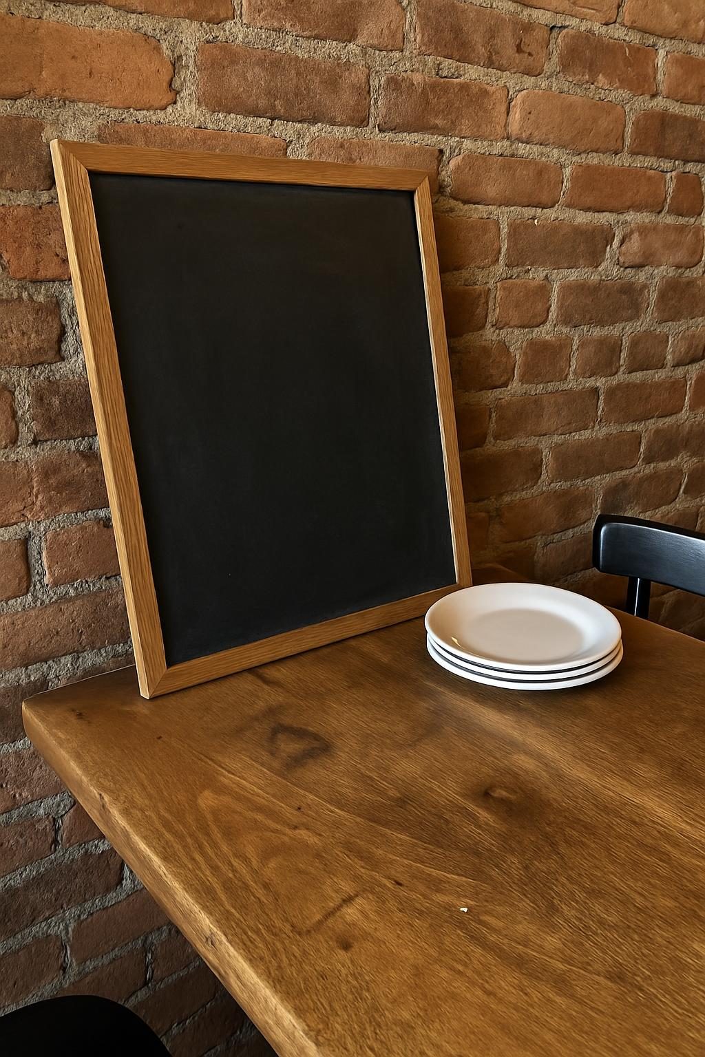 An empty chalkboard propped against an exposed brick wall with stacked plates