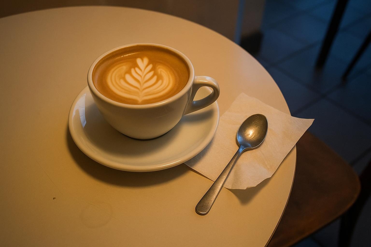 Overhead flat white with rosetta art on a pale table, warm bulb and cool dusk light